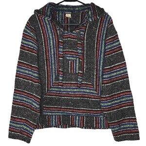 Earthbound Men Sweatshirt Small Black Stripe Baja Blanket Hooded Pullover Hippie